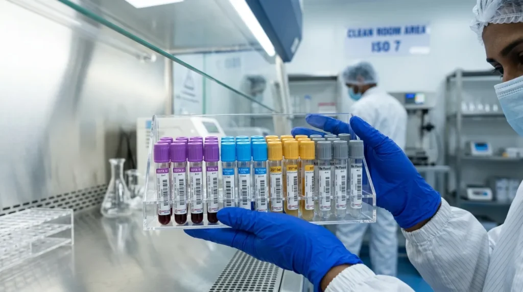 color coded blood collection tubes in clean room