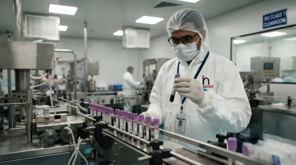 technician inspecting vacuum blood collection tubes