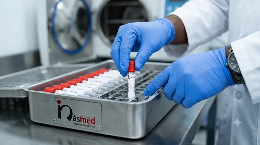 Technician loading vacuum blood collection tubes
